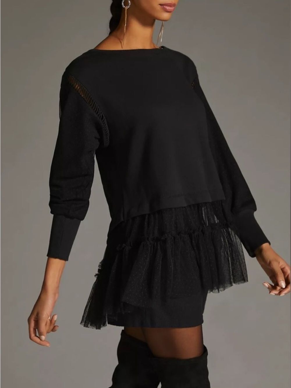 Anthropologie Black Long Sleeve Sweatshirt with Tiered Tulle Hem